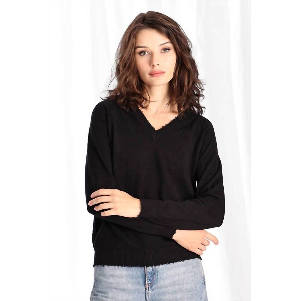 NEW MINNIE ROSE cotton cashmere frayed edge v-neck sweater top in black